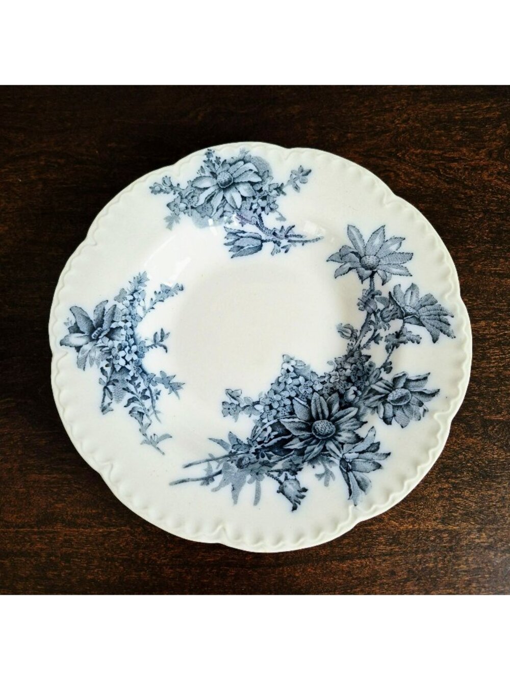 Antique Johnson Brothers Clifton Rimmed Soup Bowl, Blue Floral, Embossed Edge